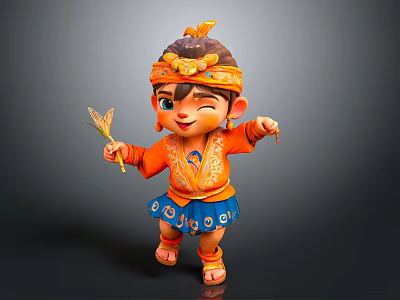 Woman Wearing Orange Top Blue Patterned Skirt With Decorative Headband Holding Fan Like Object Smiling 3d model