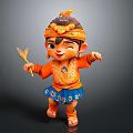 Woman Wearing Orange Top Blue Patterned Skirt With Decorative Headband Holding Fan Like Object Smiling