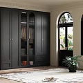 Black Wardrobe With Glass Doors In Room With Arched Windows And Green Plant On Rug