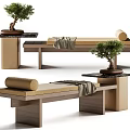 Wooden Bench Stool With Beige Cushion Side Table And Potted Plant Decor
