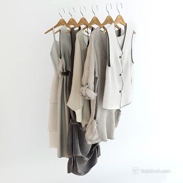 Stylish Dresses Vests And Shirts In Neutral Tones Linen Cotton Fabric On Hangers 3d model 