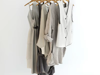 Stylish Dresses Vests And Shirts In Neutral Tones Linen Cotton Fabric On Hangers 3d model