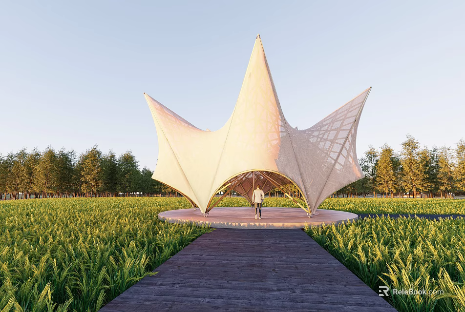 Modern Star Shaped Pergola With Tensile Membrane Surrounded By Green Fields And Wooden Walkway 3d model 