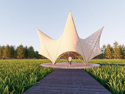 Modern Star Shaped Pergola With Tensile Membrane Surrounded By Green Fields And Wooden Walkway 3d model