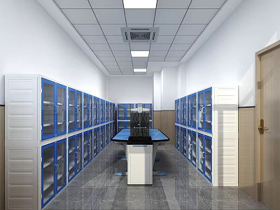 Modern Laboratory Interior Design With Glass Door Cabinets Central Workbench And Tile Flooring 3d model