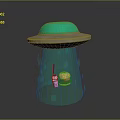 Green UFO Hovering With Burger And Drink Under Green Light Beam Drops