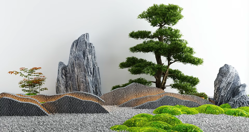 Karesansui Dry Landscape Garden with Rock Formations Pine Tree Wavy Gravel Patterns and Green Moss 3d model 