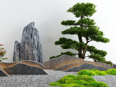 Karesansui Dry Landscape Garden with Rock Formations Pine Tree Wavy Gravel Patterns and Green Moss 3d model