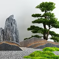 Karesansui Dry Landscape Garden with Rock Formations Pine Tree Wavy Gravel Patterns and Green Moss