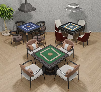 Elegant Hotel Mahjong Room With Multiple Tables Comfortable Chairs Wooden Flooring And Green Plant 3d model