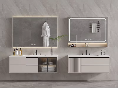 Modern Bathroom Vanity Design With Wall mounted White Cabinet Backlit Mirror And Storage 3d model