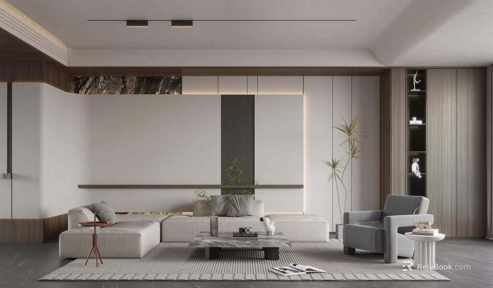 Modern Living Room Interior With Comfortable Sofa Coffee Table And Green Plants 3d model 