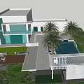 Modern Detached Villa With Landscaped Garden Lush Greenery Palm Trees And Outdoor Seating
