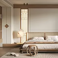 Modern Bedroom Interior With Wooden Bed Frame Soft Lighting And Large Window
