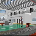 Bright Industrial Factory Interior With Workers Machinery Green Floor High Ceiling And Windows