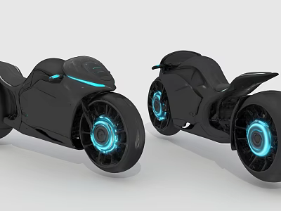 Two Black Futuristic Motorcycles With Blue Illuminated Wheels Sleek Design And Streamlined Body 3d model