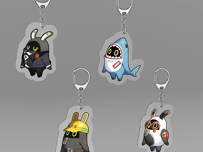 Cute Cartoon Keychains With Rabbit Shark Characters In Suit Helmet And Goggles 3d model