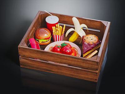 Food Assortment in Wooden Tray With Hamburger French Fries Soda Banana Cake Strawberry and Tomato 3d model