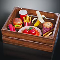 Food Assortment in Wooden Tray With Hamburger French Fries Soda Banana Cake Strawberry and Tomato