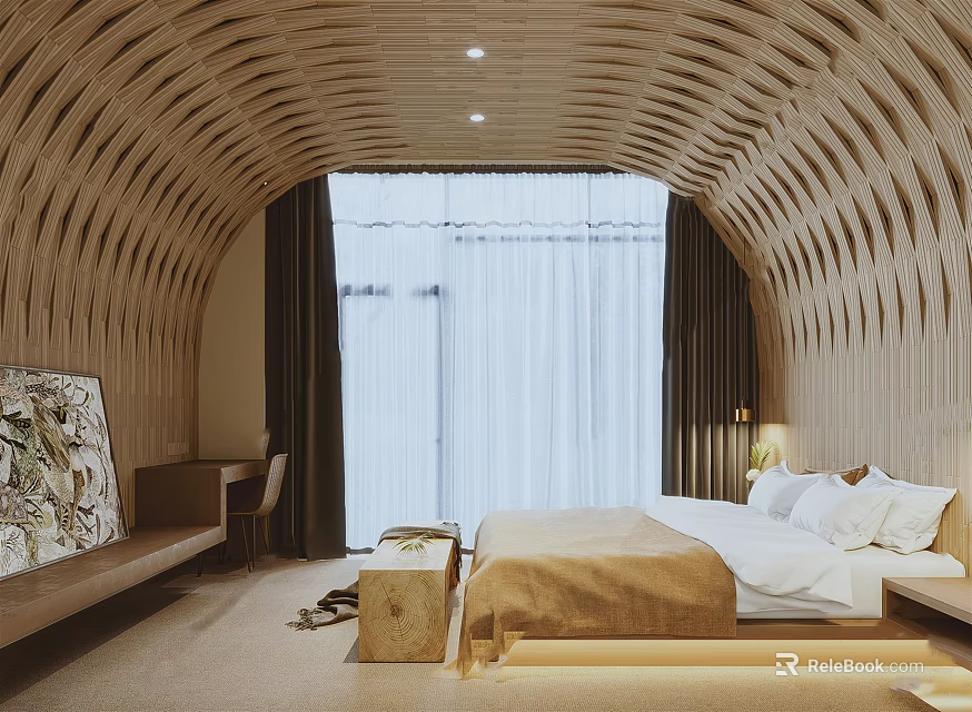 Unique Hotel Room With Curved Wooden Ceiling Large Windows And Beige Bedding 3d model 