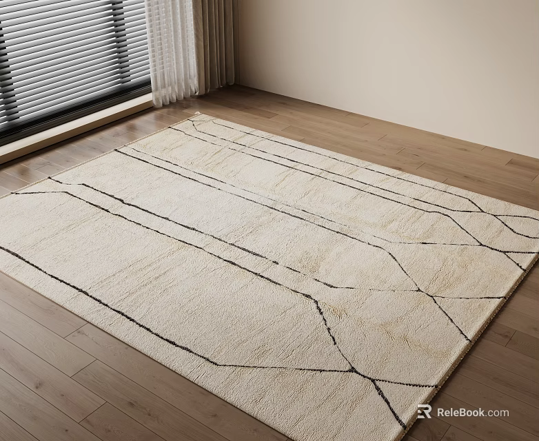Light Colored Square Rug With Black Geometric Lines On Wooden Floor 3d model 