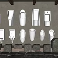 Stainless Steel Urinals in Various Styles Mounted on Stone Wall with Stone Block Bases
