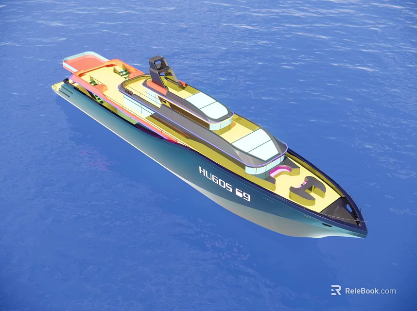 Modern Colorful Yacht With Yellow Orange Hull Sailing On Blue Ocean 3d model 
