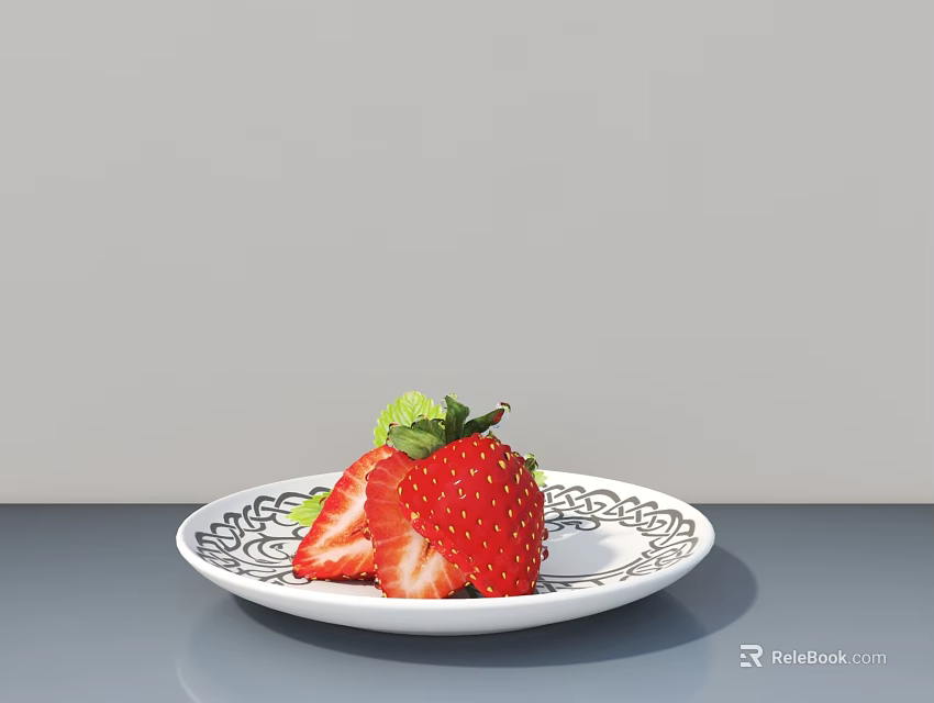 Fresh Strawberries Sliced And Whole On White Patterned Plate With Mint 3d model 