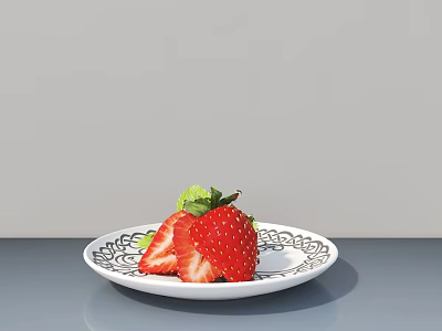 Fresh Strawberries Sliced And Whole On White Patterned Plate With Mint 3d model