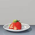 Fresh Strawberries Sliced And Whole On White Patterned Plate With Mint