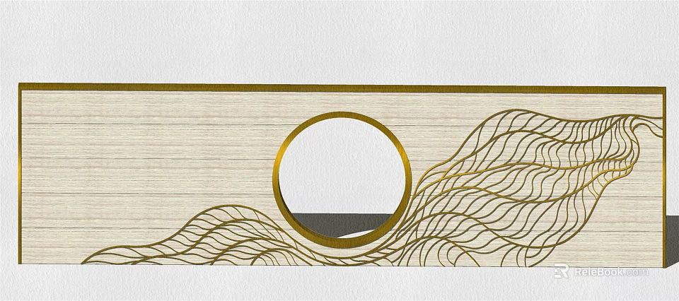 Light Colored Feature Wall With Golden Wave Patterns And Circular Cutout Design 3d model