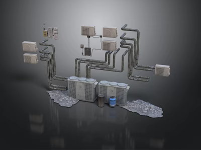 Industrial Equipment Setup With Pipes Square Devices Cylindrical Units Blue Barrel And Gray Mats 3d model