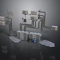 Industrial Equipment Setup With Pipes Square Devices Cylindrical Units Blue Barrel And Gray Mats
