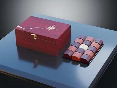 Elegant Decorative Ornament Set With Red Wooden Box Golden Decoration And Colorful Squares On Blue Tabletop 3d model