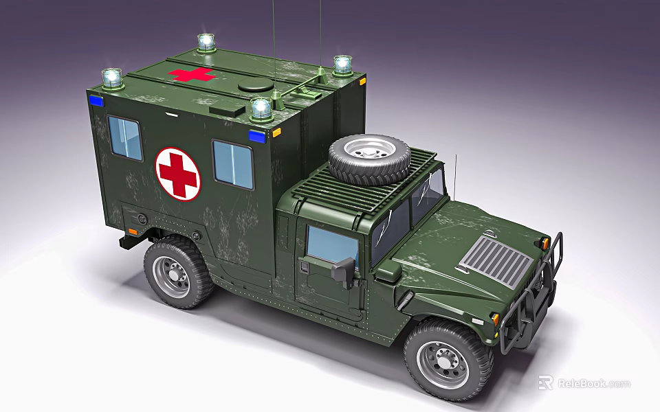 Military Style Green Functional Vehicle with Red Cross Marking Roof Lights and Spare Tire 3d model 