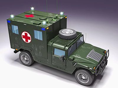Military Style Green Functional Vehicle with Red Cross Marking Roof Lights and Spare Tire 3d model