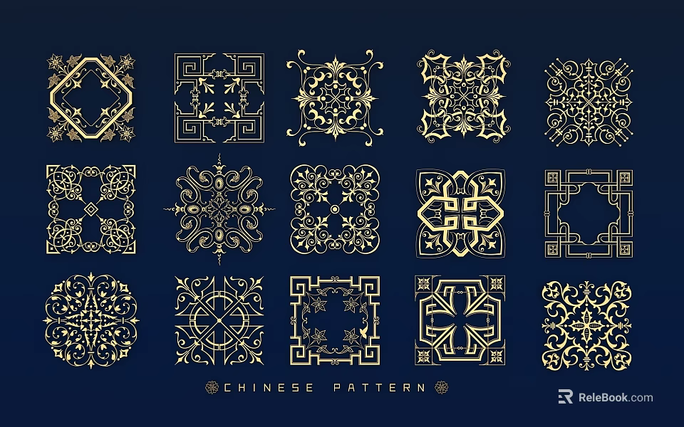 Traditional Chinese Pattern Wall Decor With Ornate Gold Designs And Blue Background 3d model 