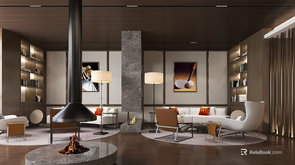 Elegant Modern Lounge Area Interior Design With Fireplace Sofas Floor Lamps Paintings And Bookshelves 3d model 