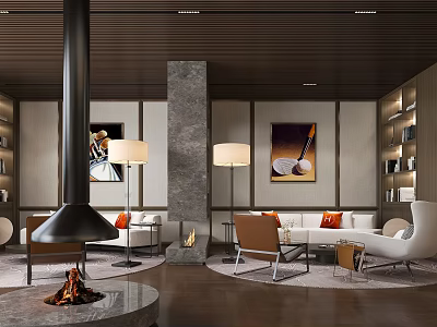 Elegant Modern Lounge Area Interior Design With Fireplace Sofas Floor Lamps Paintings And Bookshelves 3d model