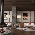 Elegant Modern Lounge Area Interior Design With Fireplace Sofas Floor Lamps Paintings And Bookshelves