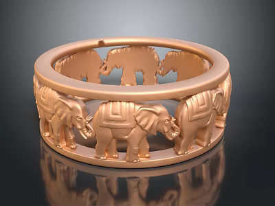 Elegant Rose Gold Ring With Intricate Elephant Carvings And Circular Design 3d model