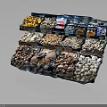 Transparent Multi Tiered Shelf Display With Various Nuts Beans And Colorful Snack Packages In Supermarket