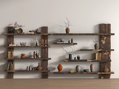 Rustic Wooden Shelving Unit with Vases Books and Decorative Items for Home 3d model