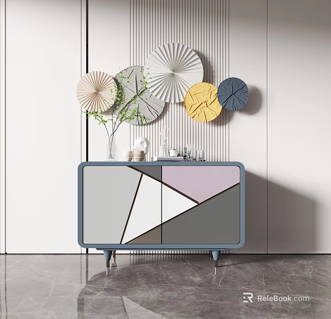 Modern Entryway Console Cabinet With Geometric Panels And Decorative Wall Plates 3d model