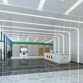 Modern Reception Desk With Marble Floor White Walls Green Accent Self Service Kiosks And Plants