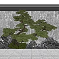 Elegant Garden Ornament Showcasing Styled Pine Tree Rock Formations And Gravel Against Stone Wall