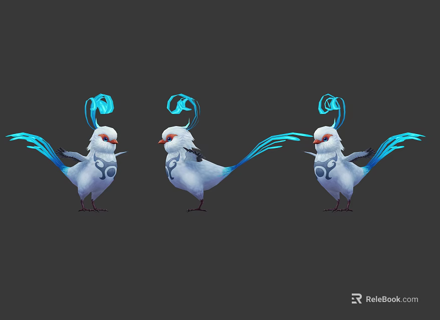 Three White Fantasy Birds With Red Eyes Blue Curly Head Feathers And Long Tail Plumage 3d model 