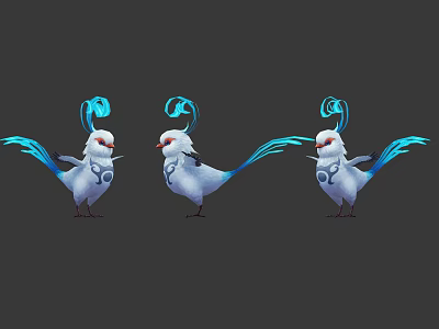 Three White Fantasy Birds With Red Eyes Blue Curly Head Feathers And Long Tail Plumage 3d model