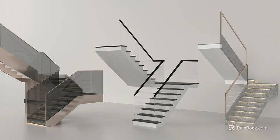 Modern Stairs Design Featuring Glass Railings Floating Steps And Metal Frames 3d model