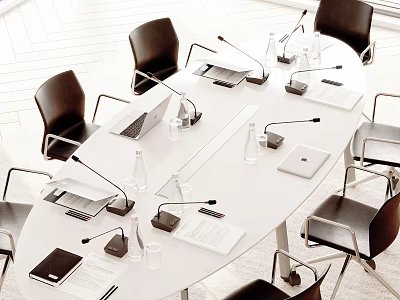 Modern Round White Conference Table with Black Chairs Laptops Microphones Water Glasses Documents and Tablet 3d model